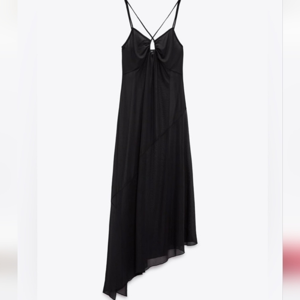 ZARA Tulle Mesh Asymmetrical Slip Dress In Black. Size Medium - Picture 7 of 16